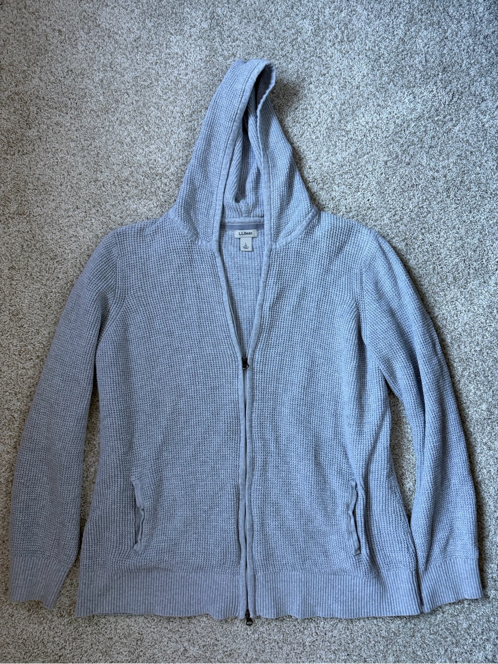 L.L. Bean Light Blue Waffle-Knit Hooded Zip-Up Sweater
